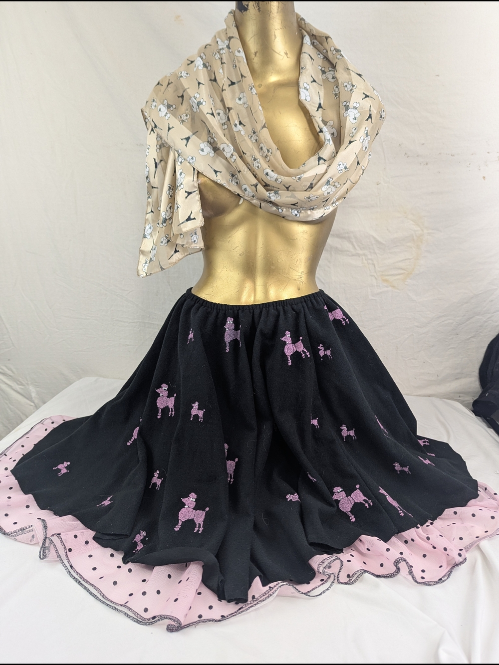 Pink & Black Poodle Circle Skirt Double Ruffle Elastic Waist Medium